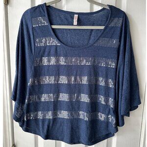 Blue Sequin Striped Blouse Size Medium